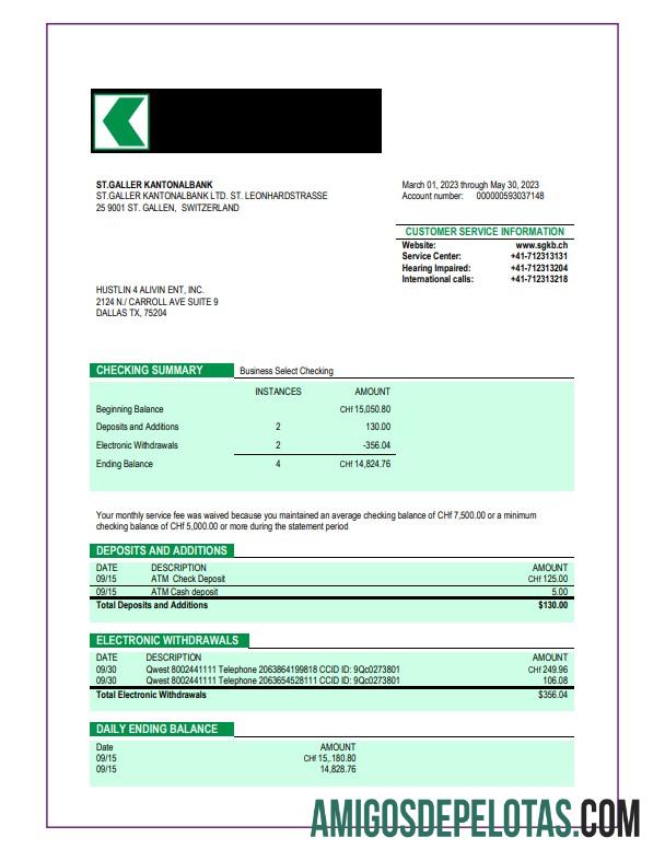 Baixável ST. Galler Kantonalbank Organization Checking modelo de extrato de conta Word e PDF
